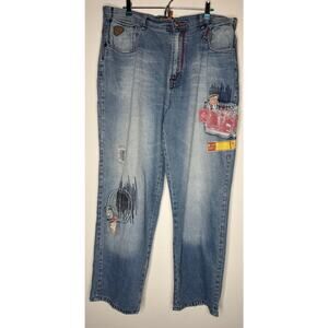 Akademiks Y2K Size 40 Baggy Light Washed Blue Denim Jeans 2000s Embroidered VTG